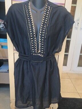 Black V-Neck Tunic Top with Gold Chain Trim One Size